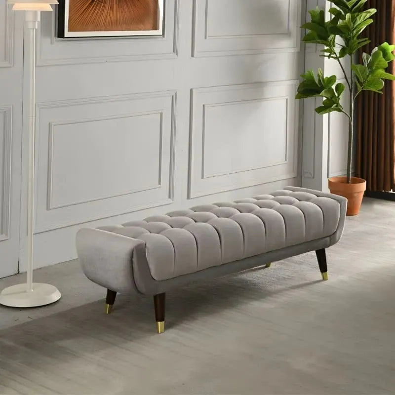 Grey velvet tufted seat Custom Crafted to Order bed bench two seater wood legs