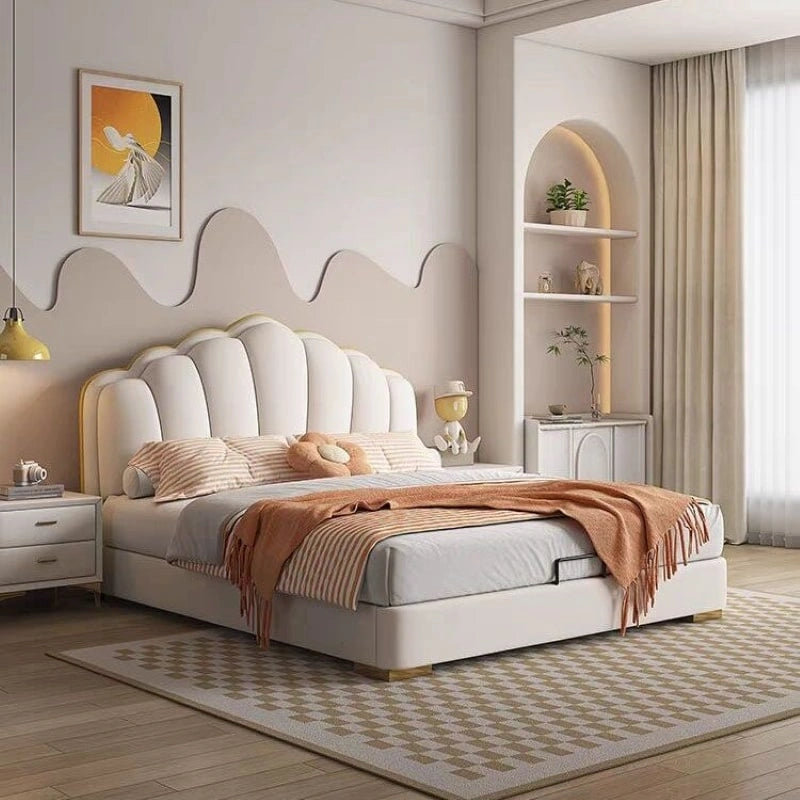 Side profile of upholstered bed – master bedroom bed design + new bed design (cream finish)
