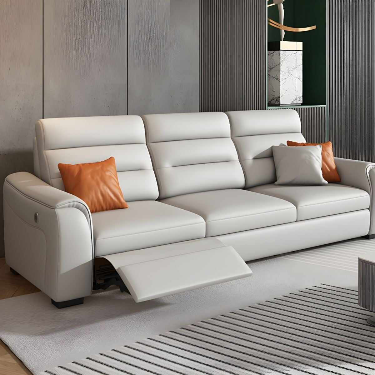 Upholstered in off-white leatherette, the L-shape form provides seating for up to five and unfolds into a spacious bed.