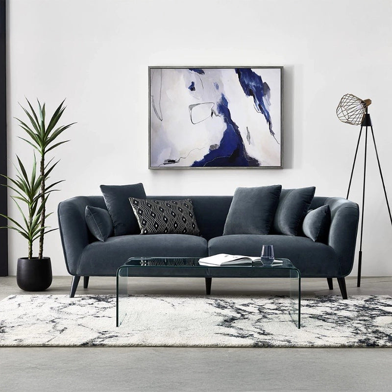 Luxury couch in charcoal grey and sky blue, modern 3 seater velvet sofa with premium craftsmanship, ideal for stylish living room interiors.