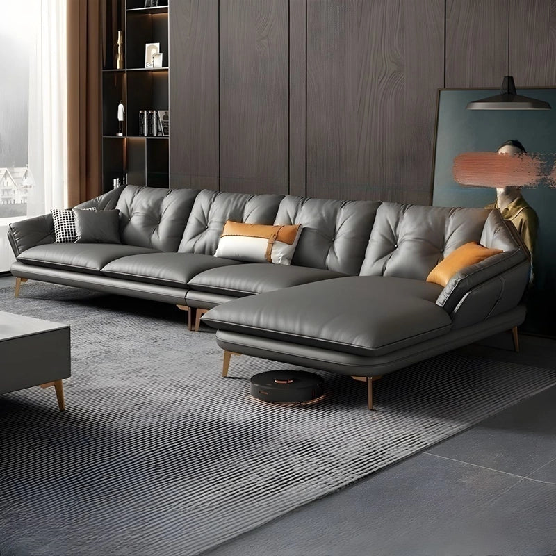 Mellow leather sofa set with 5 seater sofa layout and luxury living room appeal