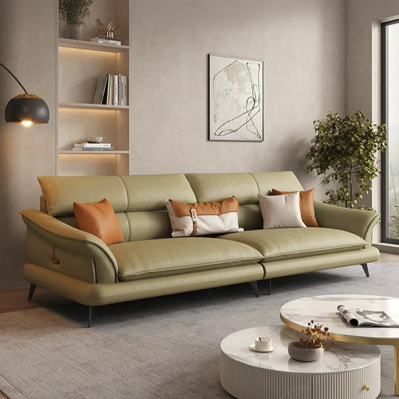 Corner perspective view of Mesa Corner Sofa with L Shape Sofa Set design, luxury sofa appeal, caramel faux leather upholstery, modular seating and modern living room functionality