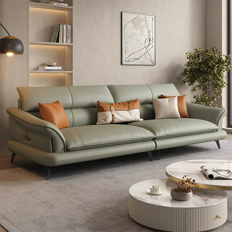 Close-up detail of Mesa faux leather sofa upholstery in caramel brown showcasing premium material quality, luxury sofa craftsmanship and modern corner sofa design