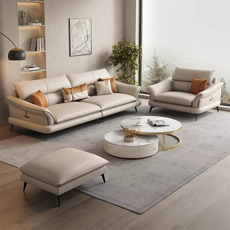 Armrest detail view of Mesa L Shape Sofa with sculpted design, caramel faux leather finish, luxury sofa styling and modern corner sofa comfort