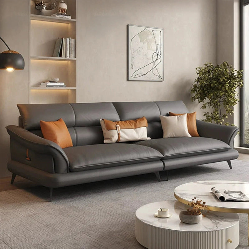 Right side view of Mesa L Shape Sofa Set with caramel faux leather upholstery, spacious 5 seater sofa layout, corner sofa comfort, black metal legs and contemporary couch set styling