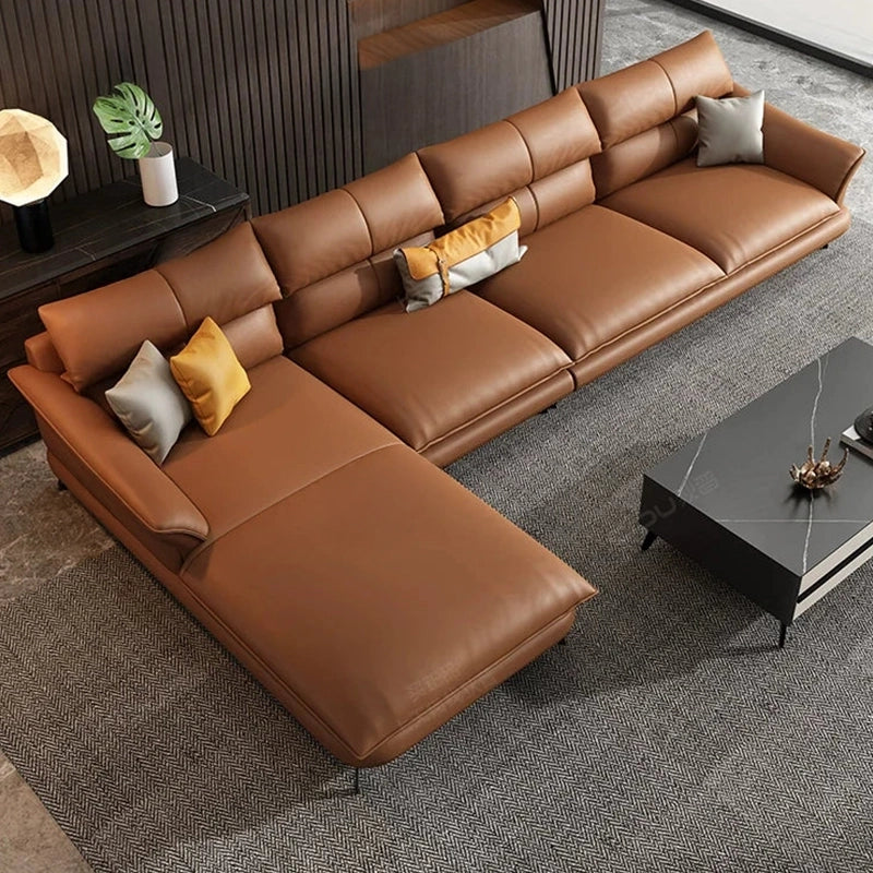Backrest cushion view of Mesa L Shape Sofa Set featuring segmented ergonomic support, caramel faux leather upholstery and modern luxury sofa comfort