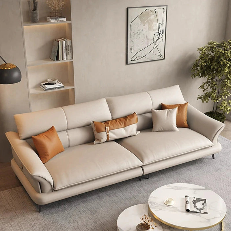 Full front view of Mesa L Shape Sofa Set with caramel faux leather finish, corner sofa configuration, modern sofa styling, spacious 5 seater sofa layout, luxury couch set comfort and contemporary living room appeal