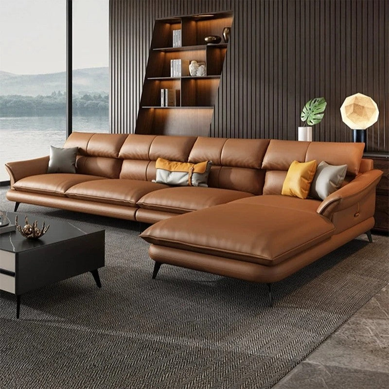 Hero view of Mesa L Shape Sofa Set featuring caramel faux leather upholstery, modern corner sofa layout, luxury sofa comfort, spacious 5 seater sofa seating, black metal legs and premium living room sofa styling