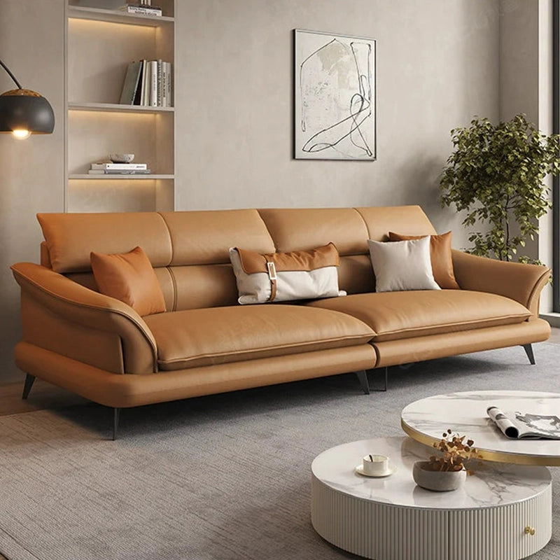 Lounger section view of Mesa L Shape Sofa Set featuring caramel faux leather upholstery, modern corner sofa layout, spacious 5 seater sofa comfort and luxury living room seating