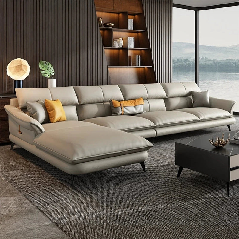 Mesa L Shape Sofa Set styled in a contemporary living room featuring luxury sofa comfort, modern corner sofa design, caramel faux leather finish and premium couch set appeal