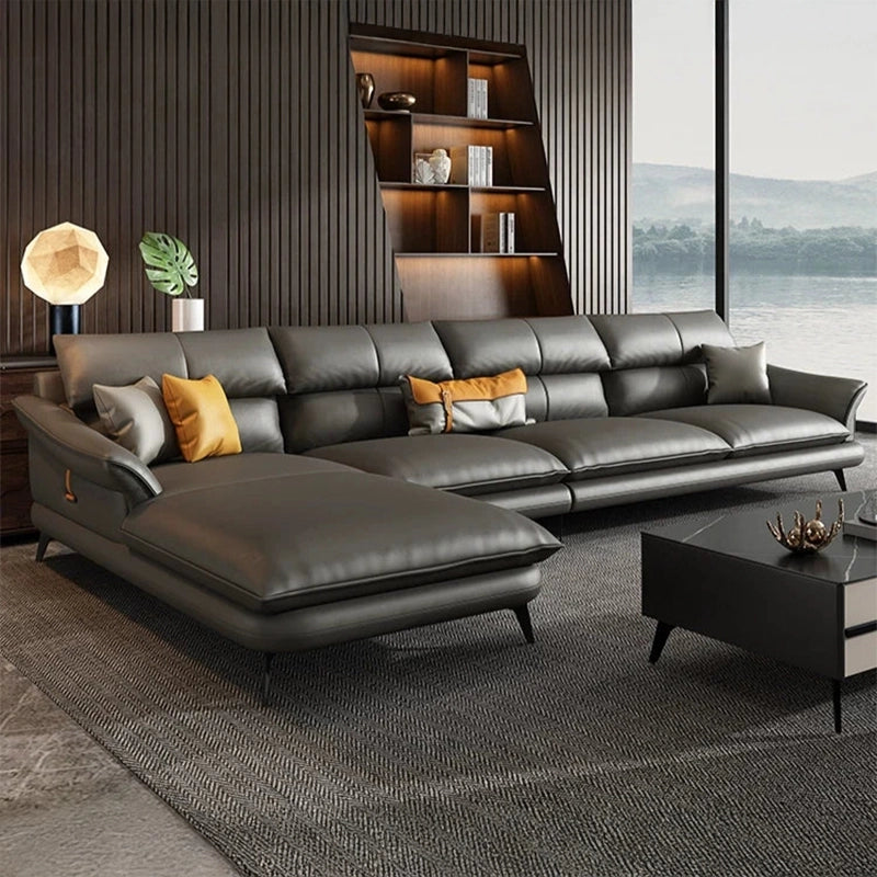 Top angle view of Mesa L Shape Sofa Set showing spacious corner sofa configuration, 5 seater sofa layout, luxury sofa comfort and caramel faux leather upholstery
