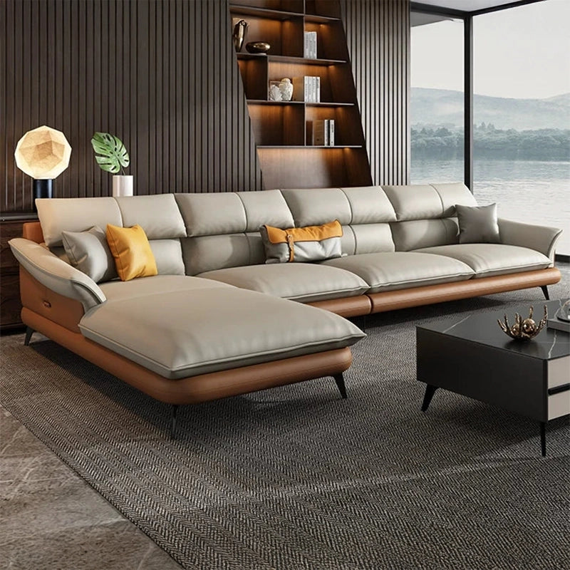 Modular layout view of Mesa L Shape Sofa Set with corner sofa functionality, luxury sofa styling, 5 seater sofa seating and caramel faux leather upholstery