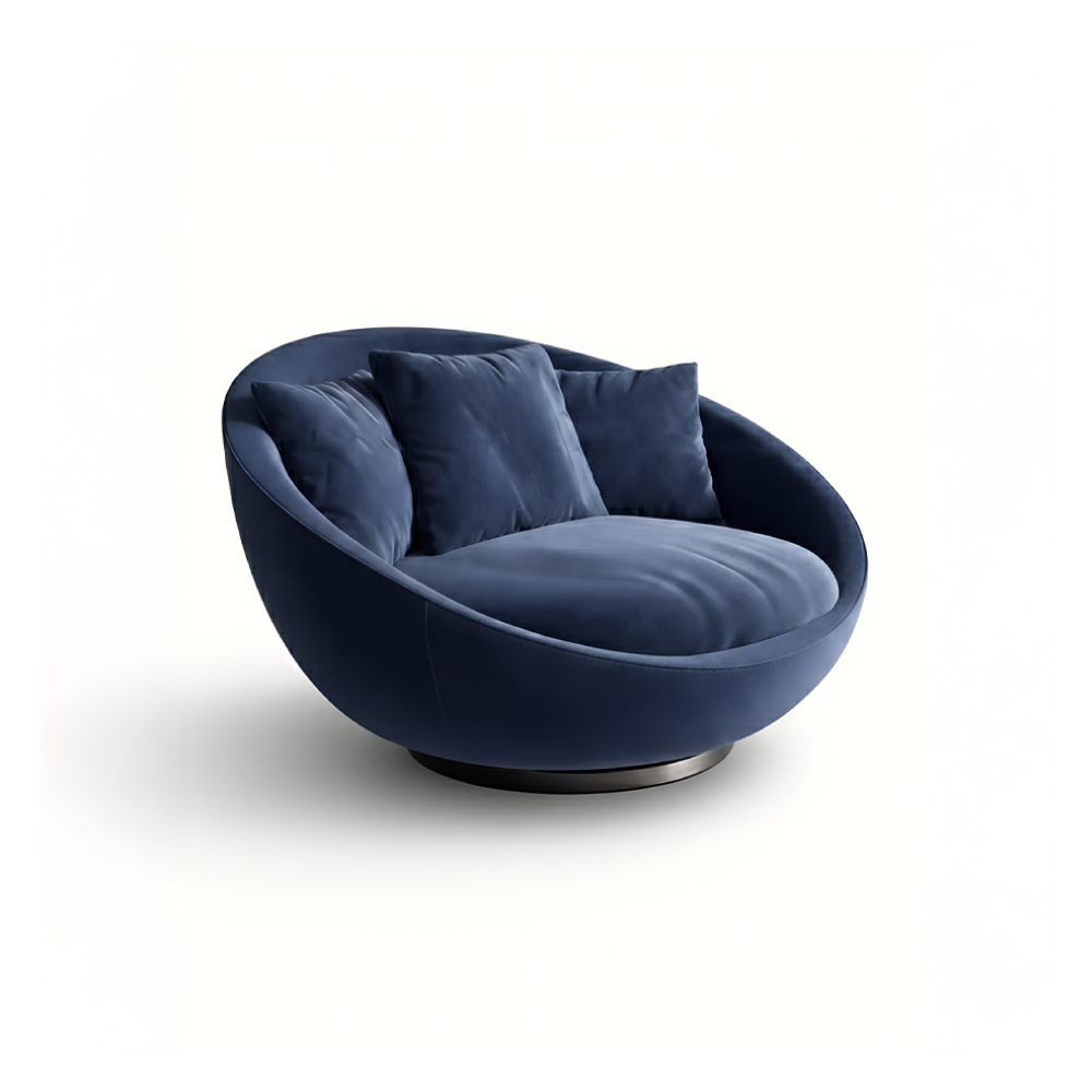 Plush circular lounge design with velvet fabric + reading armchair + comfort chair