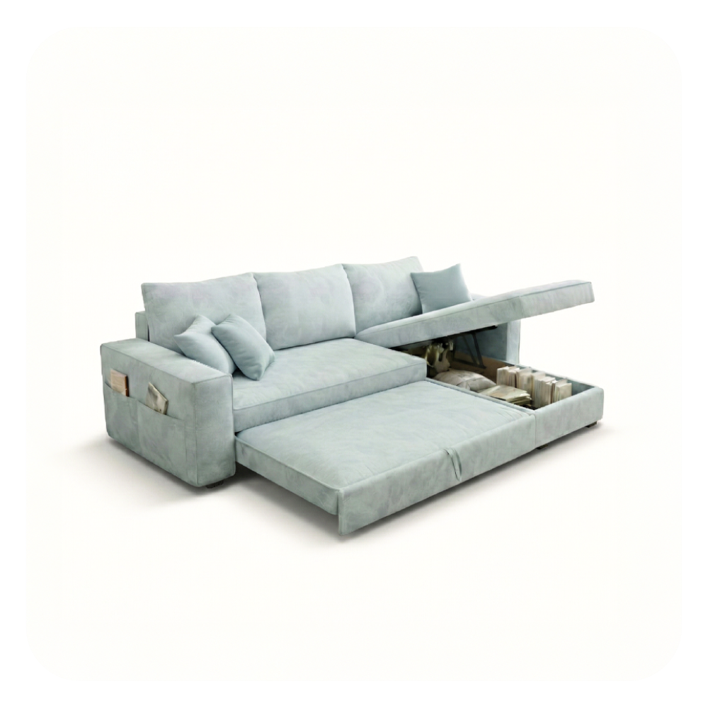 Sleek L-shape sofa bed couch with storage – sofa cum bed, convertible sofa bed – grey fabric