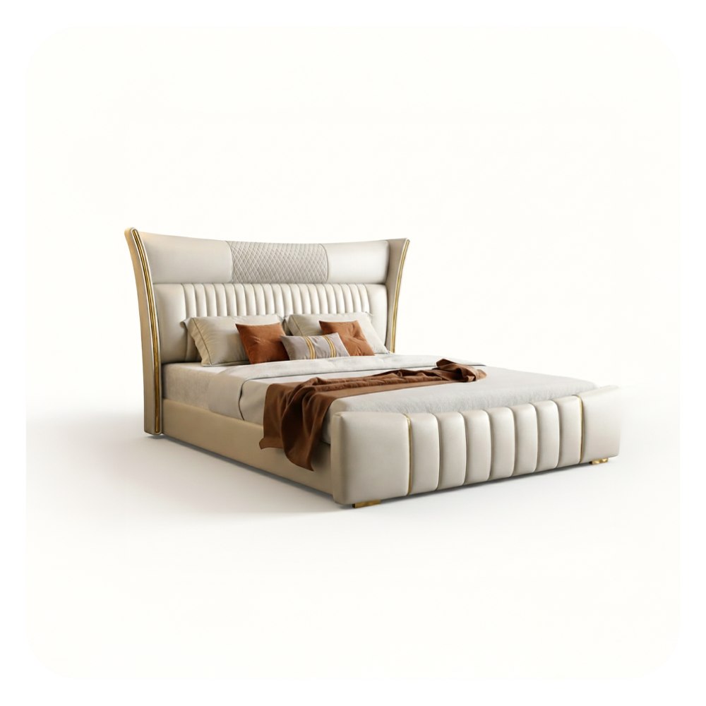 Tall wingback headboard with gold trim, modern bed design, bed frame, beige leatherette