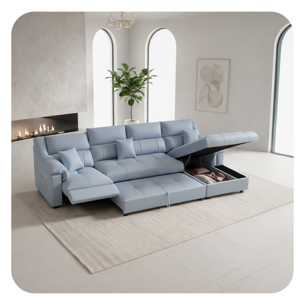 Sleek L-shape sofa bed couch with storage – sofa cum bed, convertible sofa bed – grey fabric