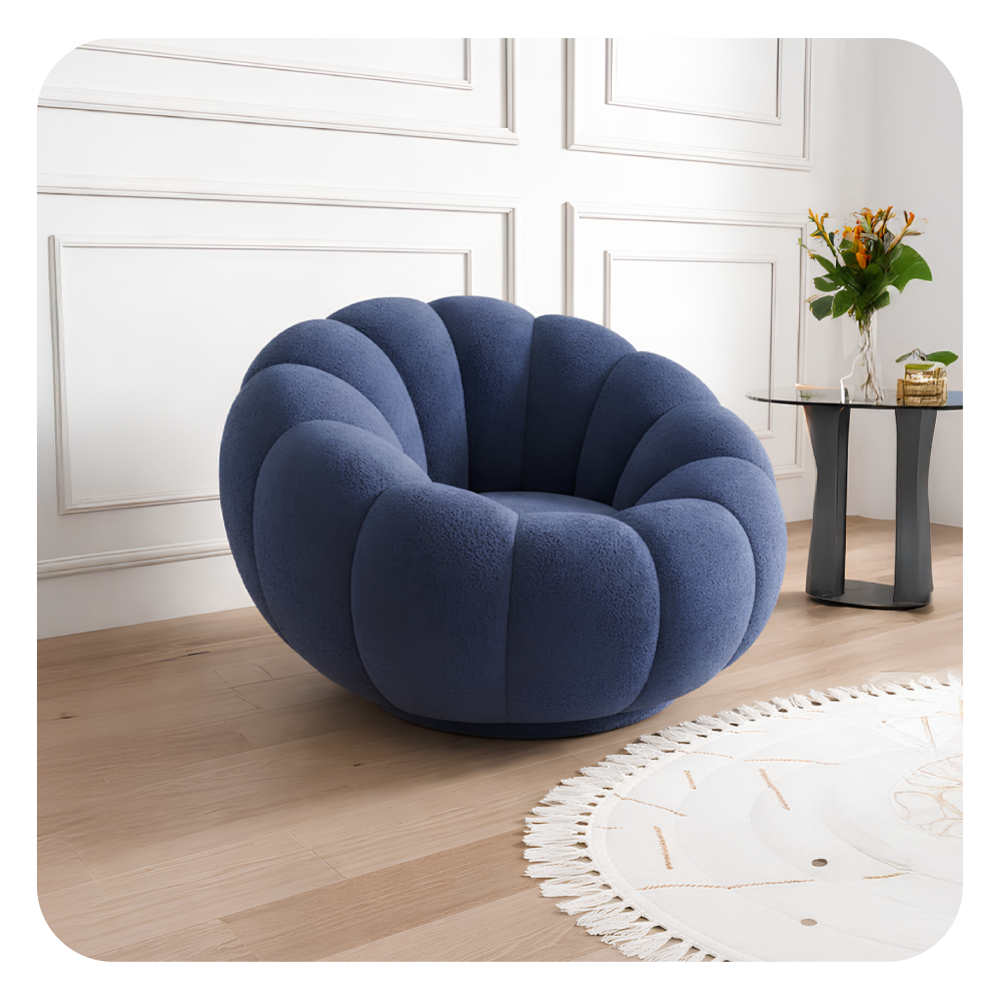 Plush circular lounge design with velvet fabric + reading armchair + comfort chair