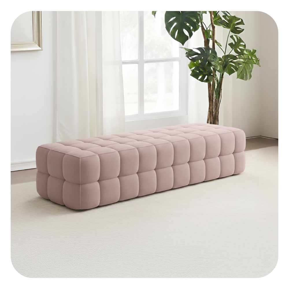 Cream kidney-shaped bench with bench ottoman elegance and floating cylindrical legs